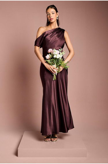 Satin Off One Shoulder Slinky Fishtail Maxi Dress