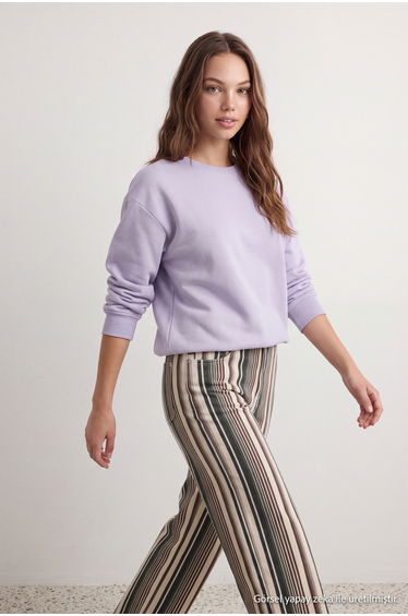 Lilac Thick Fleece Inside Regular/Normal Fit Crew Neck Basic Knitted Sweatshirt product thumbnail 3