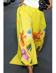High Waisted Loose Flower Print Pockets Solid Color Pants Trousers - 1
