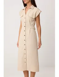 Stone Accessory Detail Midi Woven Shirt Dress - 2