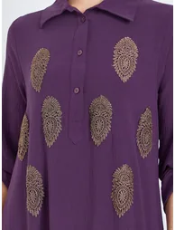 Purple Lace Patch Collared Jalabiya - 3