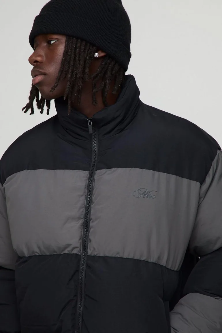 Oversized Colour Block Panelled Puffer Jacket - black - 2
