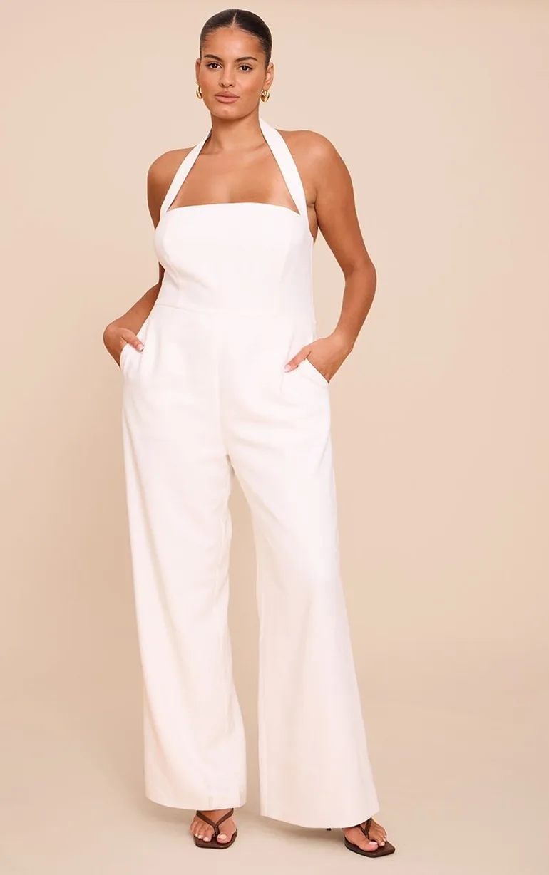 Plus Cream Premium Woven Halterneck Straight Leg Jumpsuit - 5