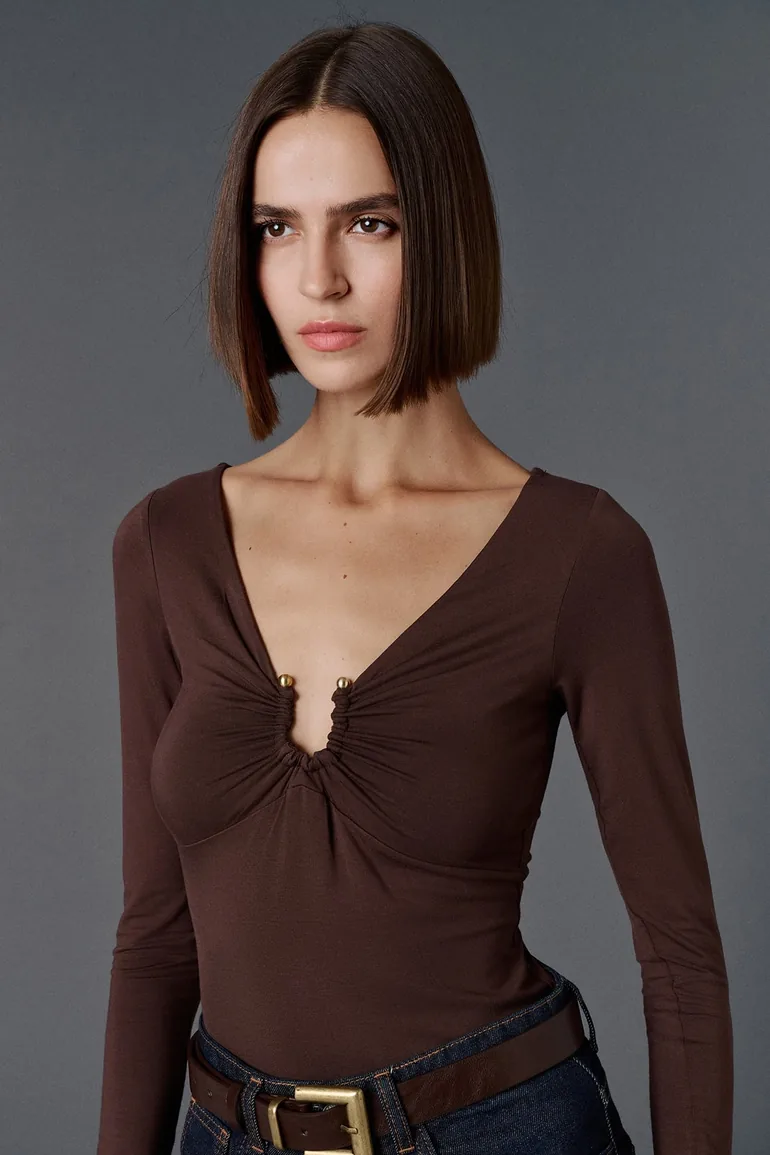 Long Sleeve Deep V-NECK Blouse - 3