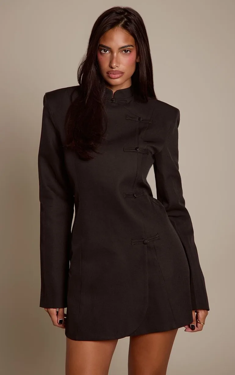 Black Mandarin Style Woven High Neck Long Sleeve Frog Trim Blazer Dress - 1