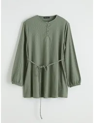 Crew Neck Patterned Tunic with Waist Tie - 4