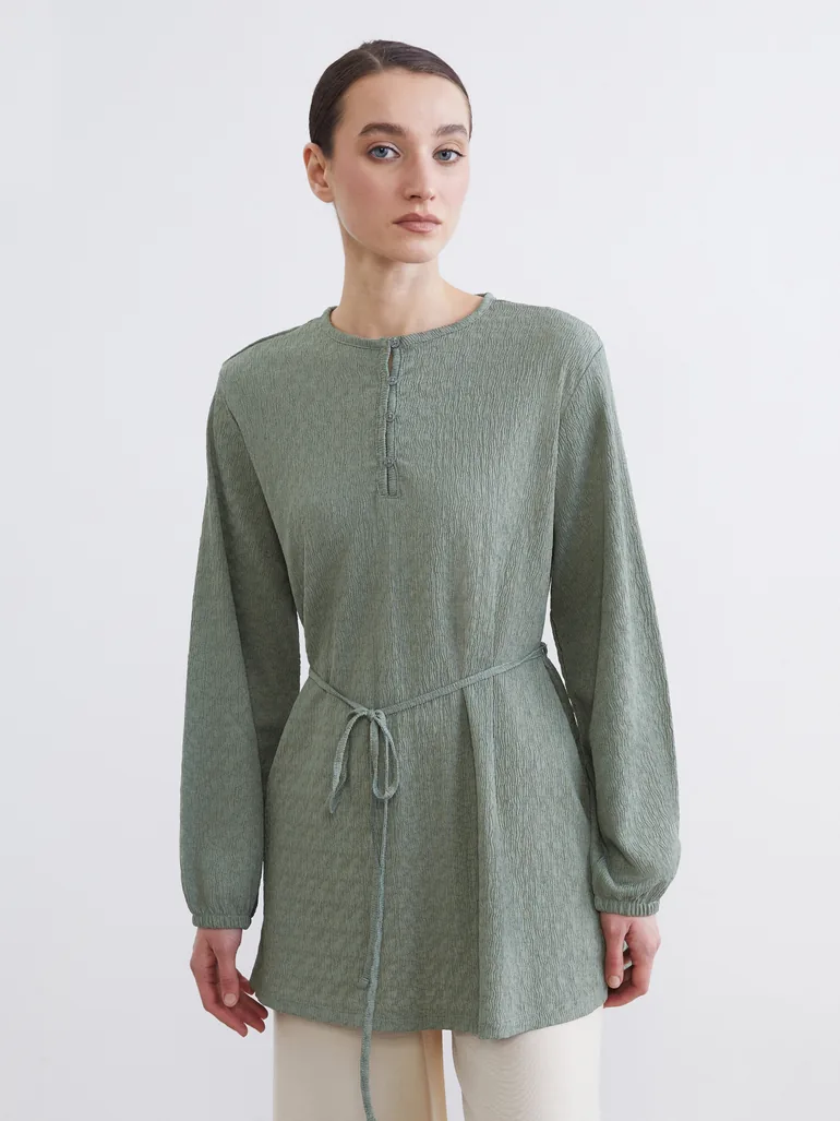 Crew Neck Patterned Tunic with Waist Tie - 1