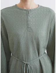 Crew Neck Patterned Tunic with Waist Tie - 2