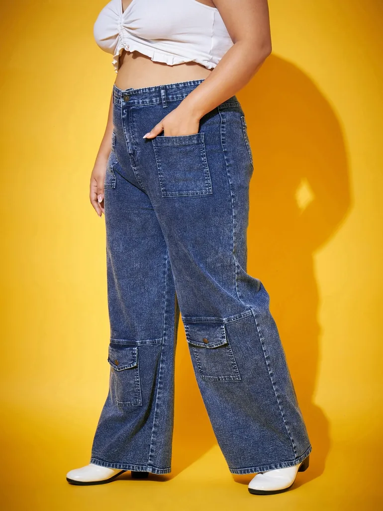Plus Size Blue Acid Wash Straight Jeans - 2