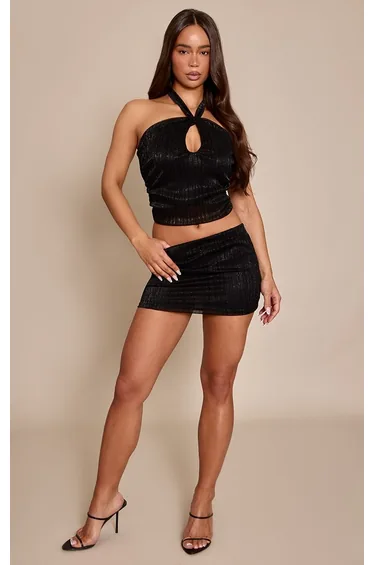Black Glitter Textured Twist Neck Top