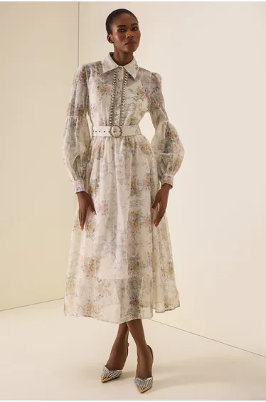 Floral Rhinestone Rivets Midi Dress With Belt