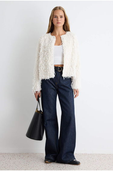 Ecru Soft Textured Wide Fit Crew Neck Knitwear Cardigan