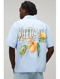 Oversized Short Sleeve Orange Print Shirt - light blue - 1