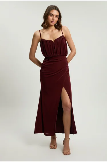 Drapey Crepe Bodice Detail Split Maxi Dress