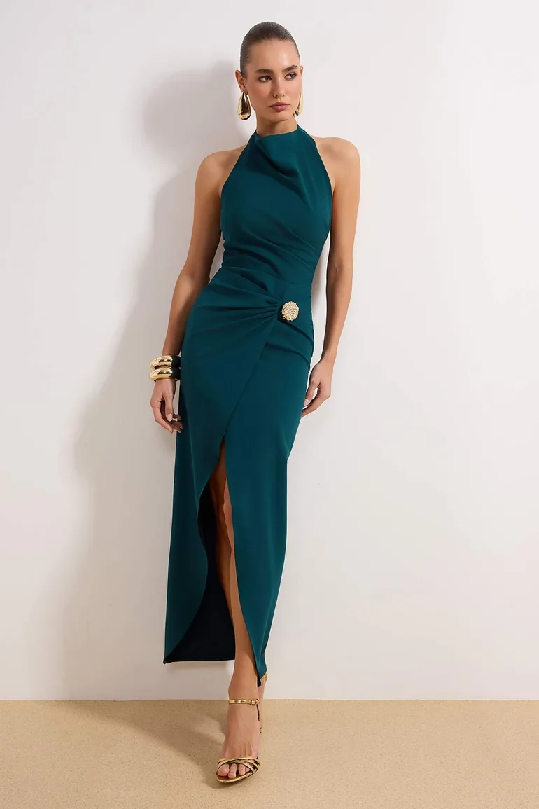 Emerald Green Plain Accessory Detailed Woven Finike Maxi Evening Dress & Graduation Dress