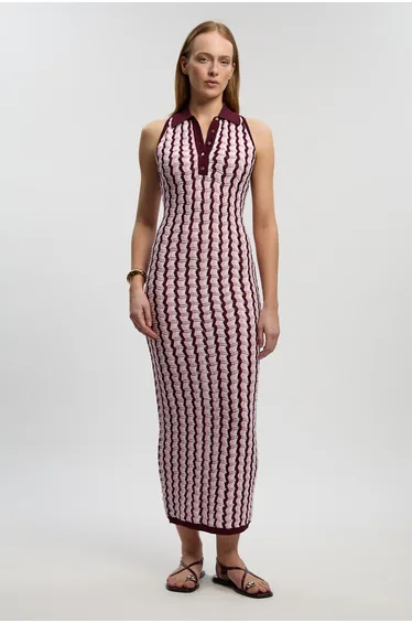 Knit Contrast Collar Pointelle Sleeveless Midi Dress