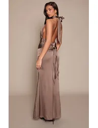 Taupe High Neck Tie Detail Satin Maxi Dress - 1