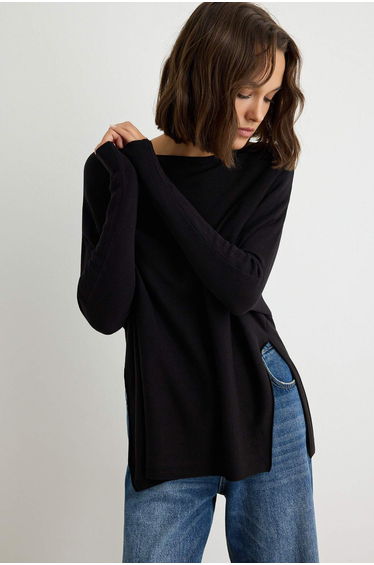 Black Boat Neck Oversize Basic Bat Sleeve Knitwear Sweater product thumbnail 3