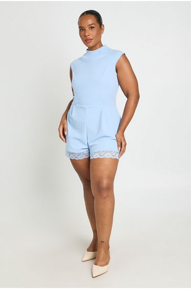 Plus High Neck Lace Trim Tailored Playsuit - powder blue