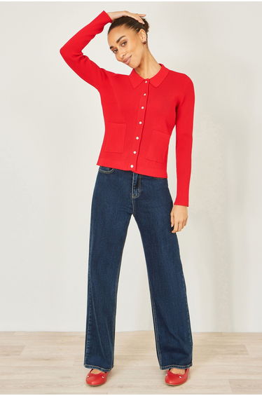 Yumi Red Ribbed Collar Button Up Cardigan