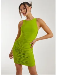 Halter Neck Ruched Slinky Mini Dress - 1