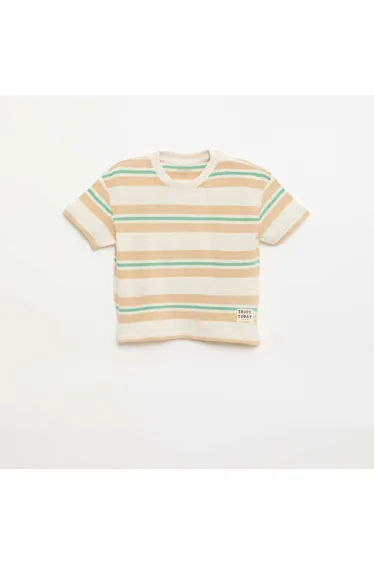 Striped cotton and linen jersey T-shirt BEIGE