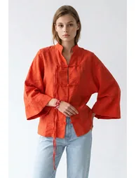 MIXRAY Cotton Woven Blouse With Mandarin Collar - 1