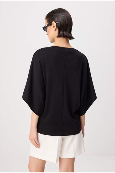 Black Oversize/Wide Fit Low Sleeve Short Sleeve Soft Touch Knitted T-Shirt product thumbnail 4