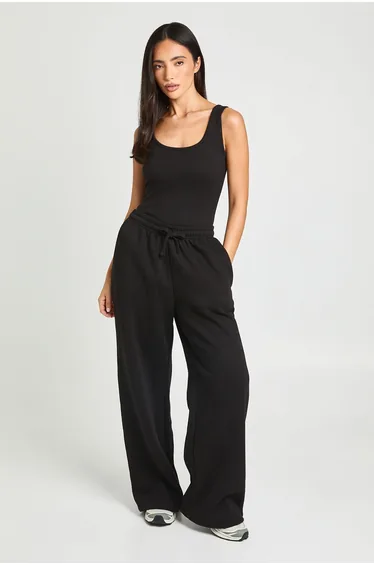 Scoop Neck Thong Bodysuit And Straight Leg Jogger Tracksuit - black