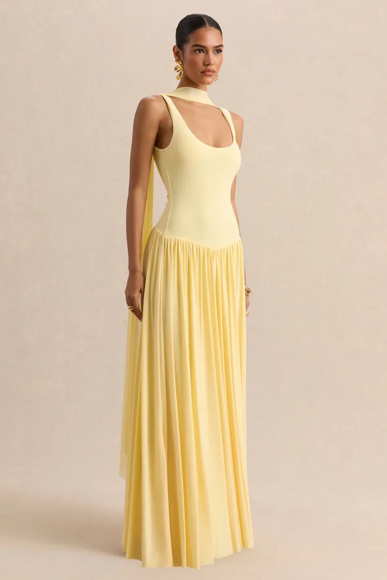 Aurina | Lemon Square-Neck Maxi Dress With Cape - 5