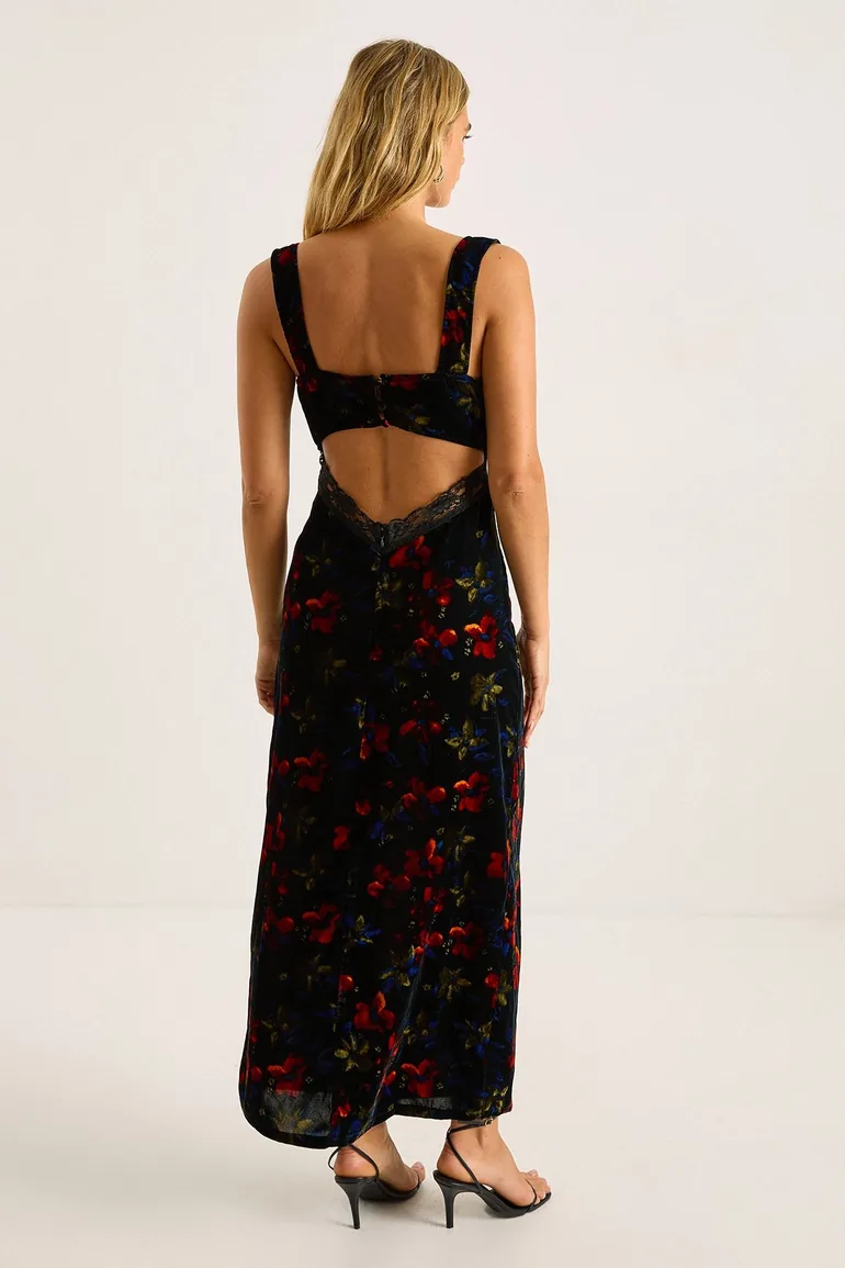 Velvet Floral Lace Insert Button Back Cut Out Maxi Dress - 3