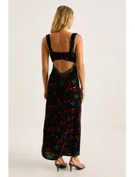 Velvet Floral Lace Insert Button Back Cut Out Maxi Dress - 3