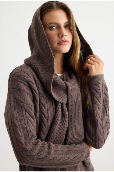 Brown Hooded Hair Braid Knitwear Cardigan with Tied Detail product thumbnail 3