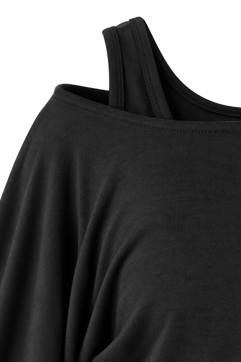 Asymmetric Neck Two-Piece Stretch Knit Top - 5