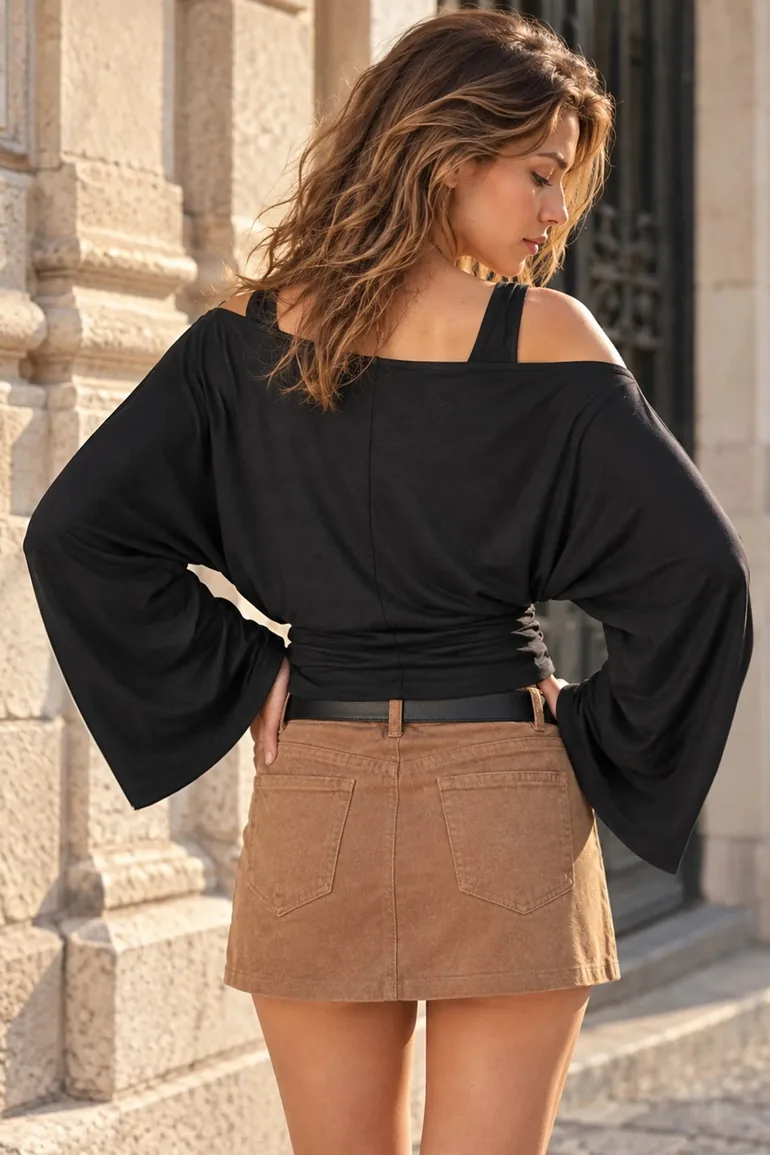 Asymmetric Neck Two-Piece Stretch Knit Top - 3