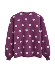 Fuzzy Heart Jacquard Knit Button Cardigan in Violet - 8
