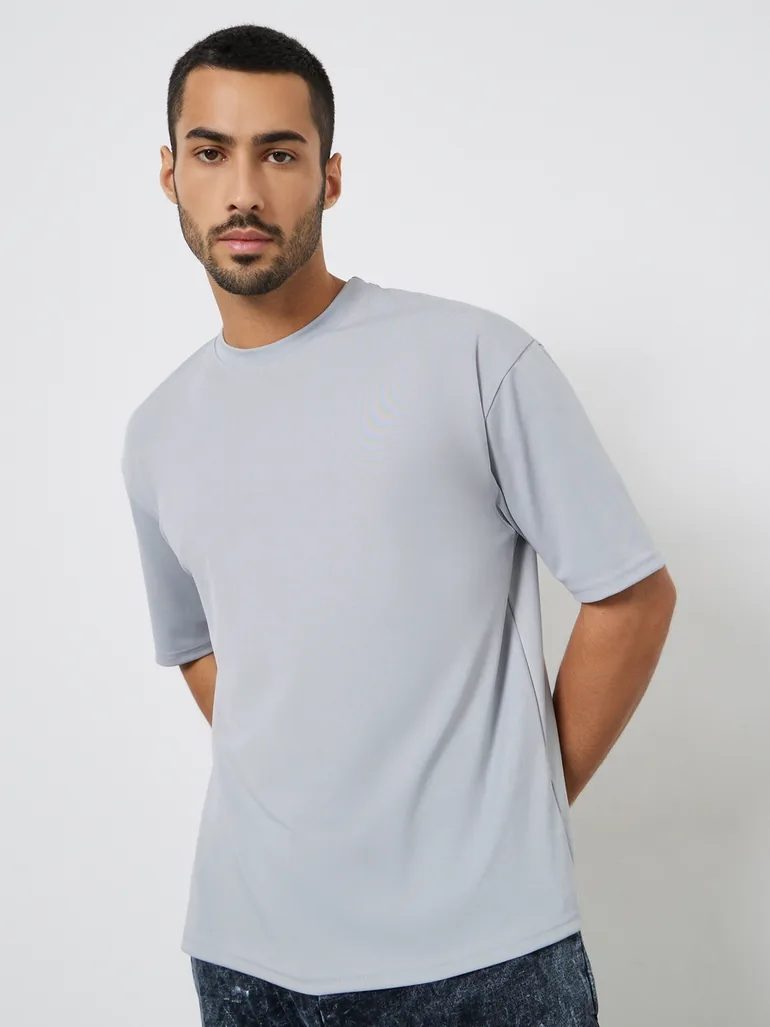 Men Grey Oversized Crew Neck T-Shirt - 2