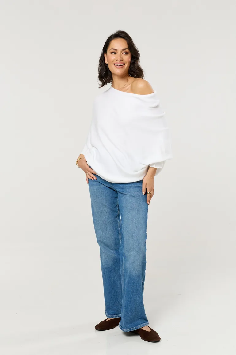 White Off Shoulder Relaxed Knit Jumper - 7
