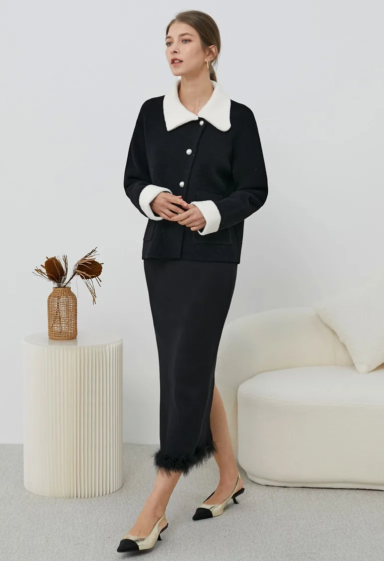 Contrasting Trim Flap Pocket Buttoned Knit Cardigan in Black