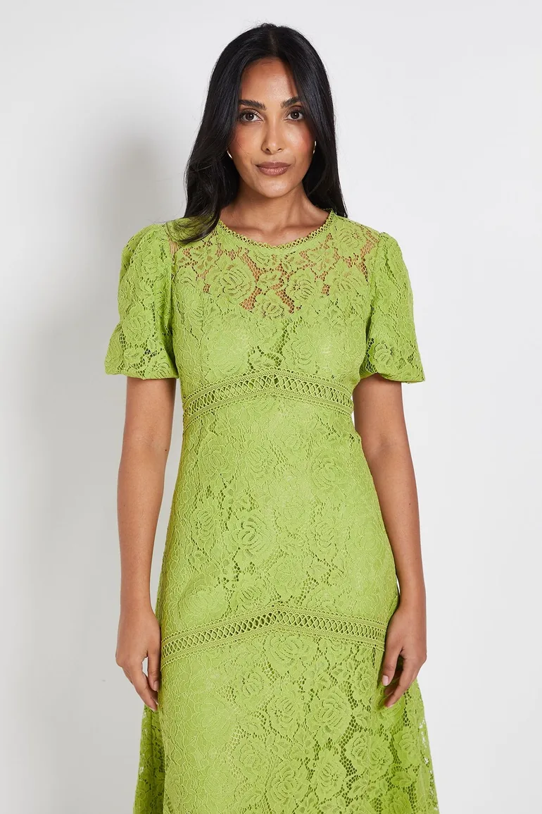 Petite Lace Puff Sleeve Midi Dress - 1