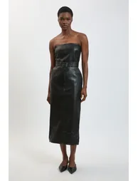 Faux Leather Belted Bandeau Midi Dress