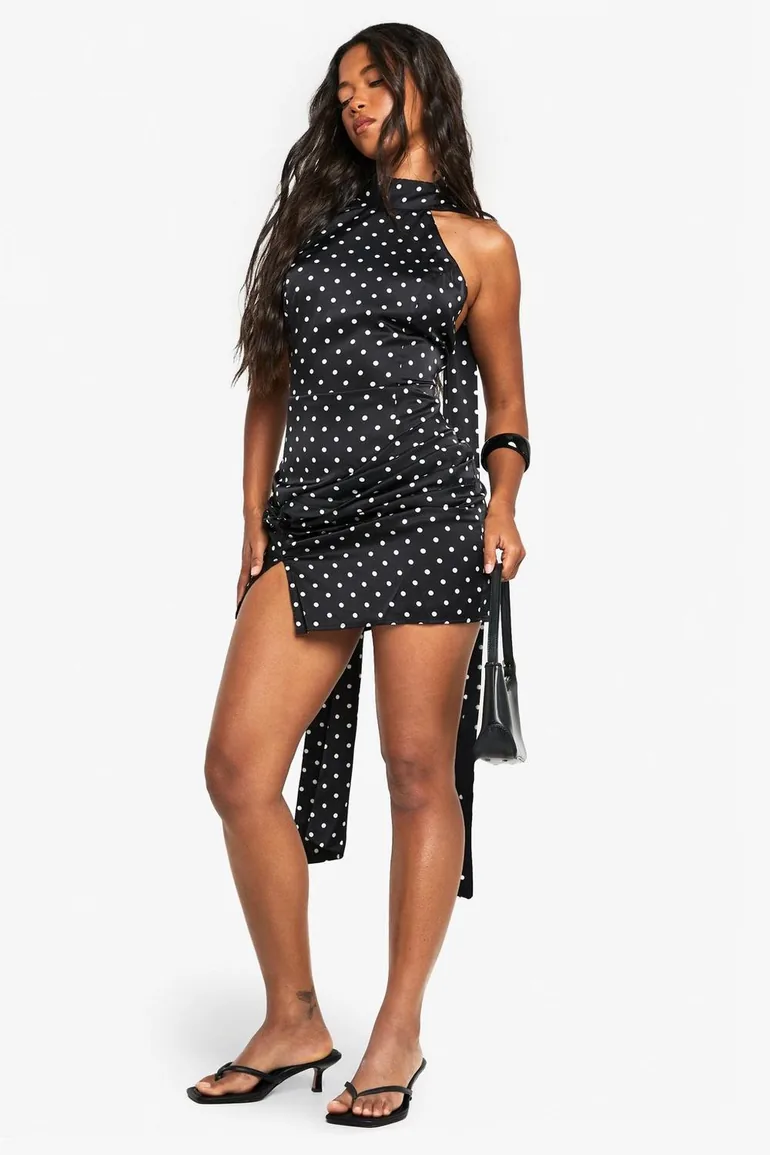 Satin Polka Dot High Neck Mini Dress - black