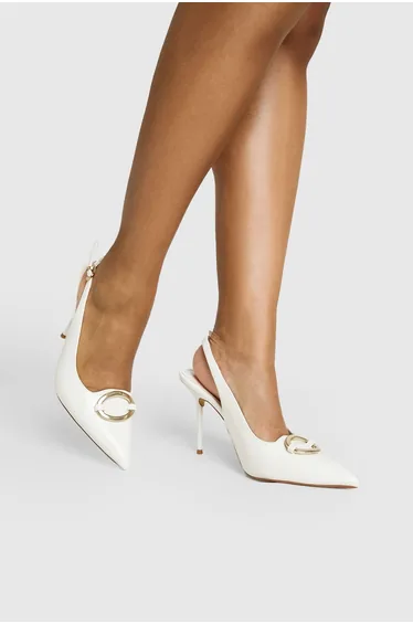 Hardware Detail Slingback High Stiletto Court Heels - white
