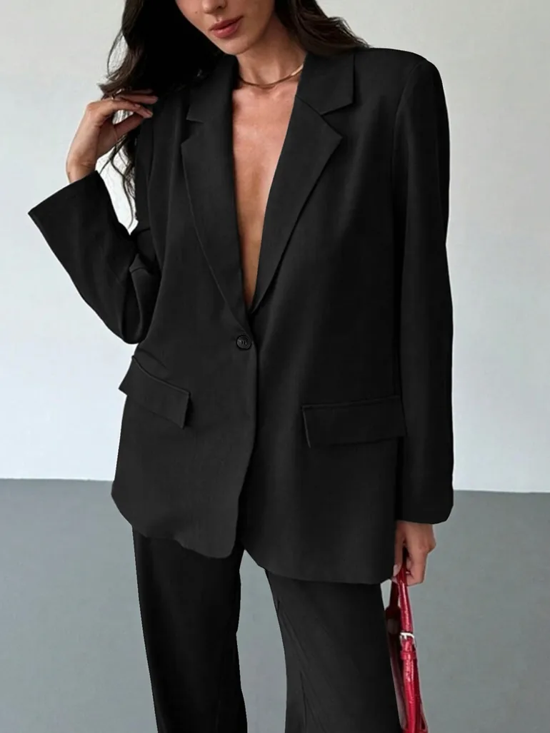 Black Notch Lapel Blazer and Trousers Co-ords - 1