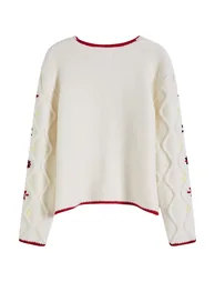 Contrast Edge Floral Stitch Wavy Knit Cardigan - 6