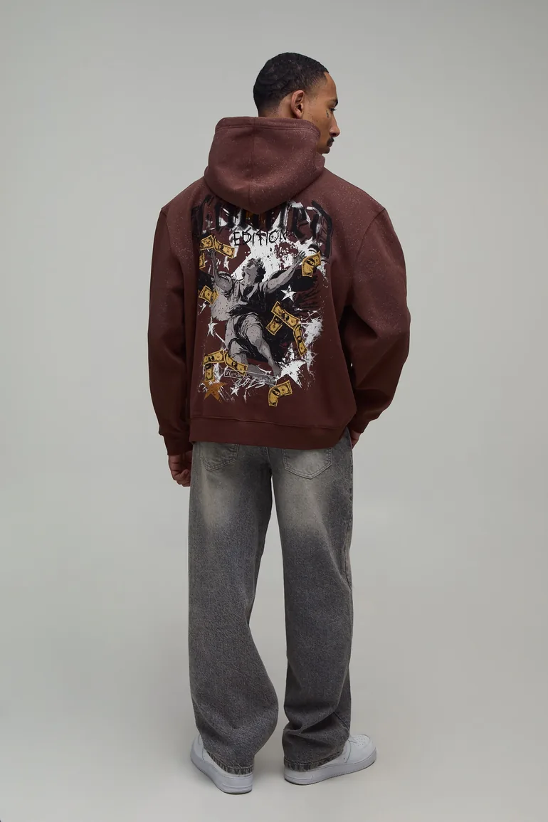 Chocolate Oversized Renaissance Print Spray Wash Hoodie - chocolate - 2