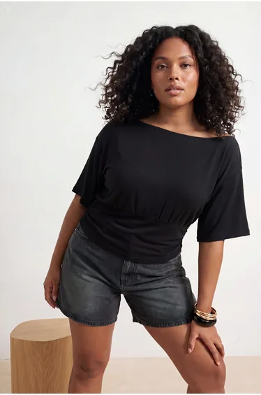 Black Plain Boat Neck Knitted Plus Size Blouse