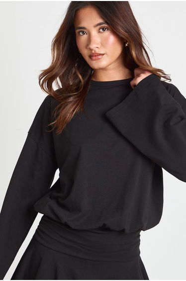 Long Sleeve Cinched Waist Skater Tshirt Dress - black product thumbnail 4