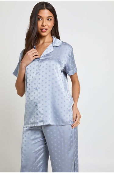 Polka Dot Jacquard Satin Short Sleeve Shirt & Trouser Pyjama Set - dusty blue product thumbnail 2