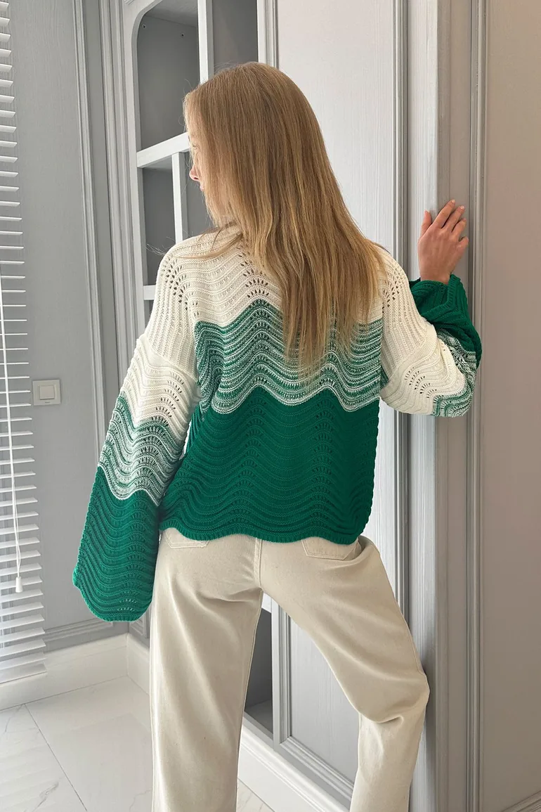 Women's Green Half Turtleneck Openwork and Blocked Knitwear Sweater - 3